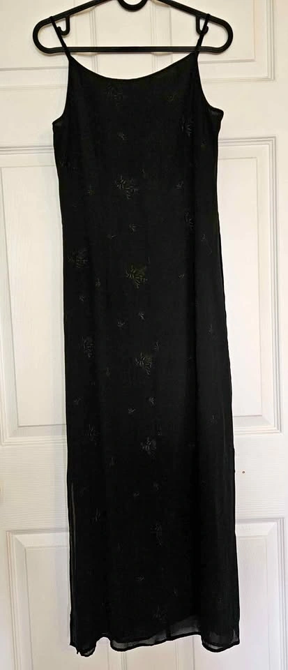 Brand New 100% Silk Embroidered Black Cami Slip Maxi Dress
