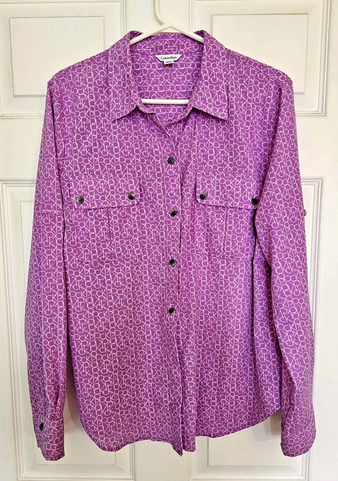 Calvin Klein Monogram Long-Sleeve Button-Down Blouse - Size L
