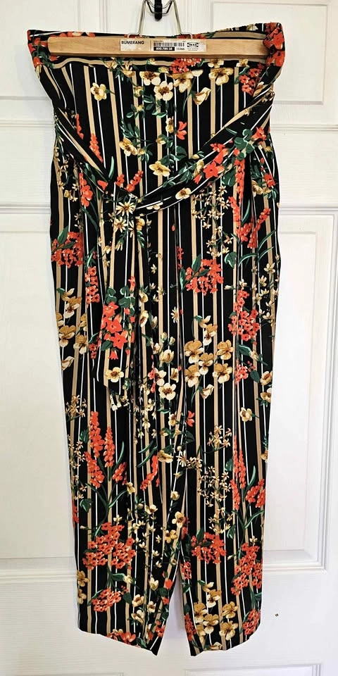 ZARA Basic Floral Striped High-Waist Paperbag Pants - Size M
