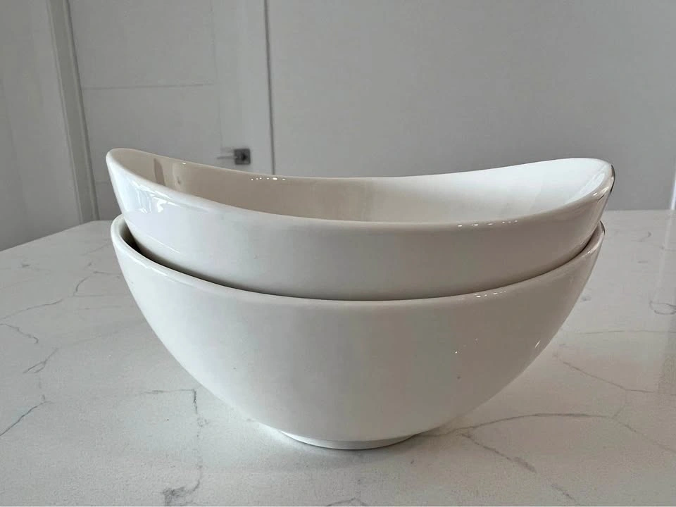 Set of 2 Modern White Ceramic Serving Bowls + 1 Round Bowl