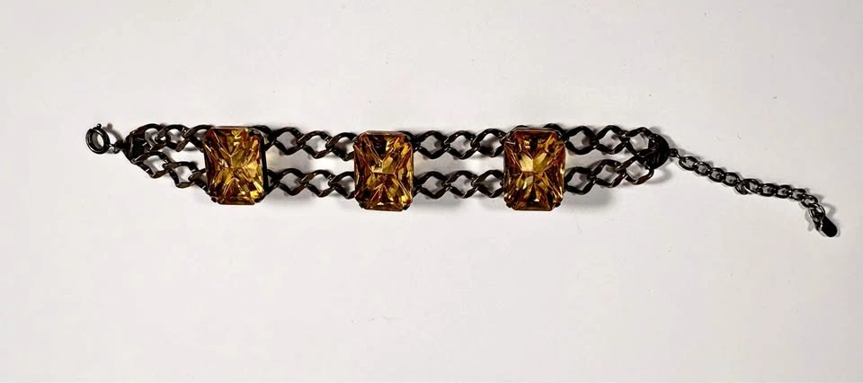 Vintage Amber Glass Triple Stone Double Chain Bracelet