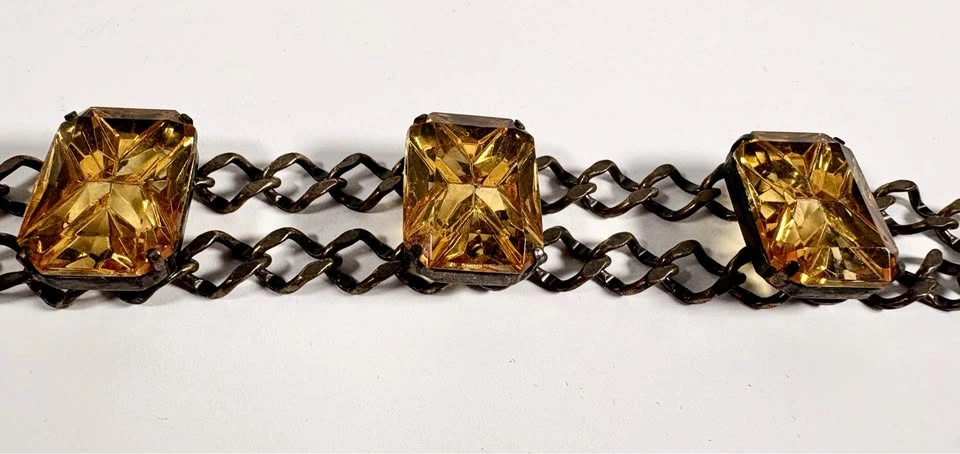 Vintage Amber Glass Triple Stone Double Chain Bracelet - photo 2