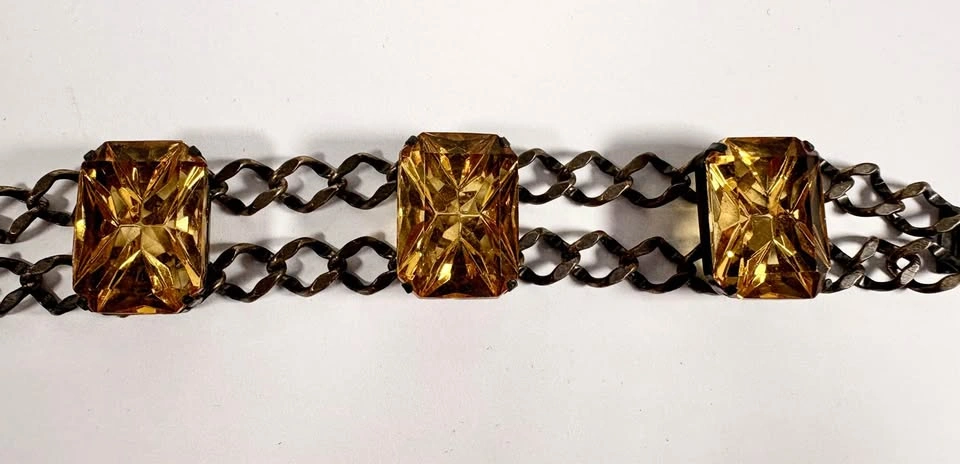 Vintage Amber Glass Triple Stone Double Chain Bracelet - photo 3