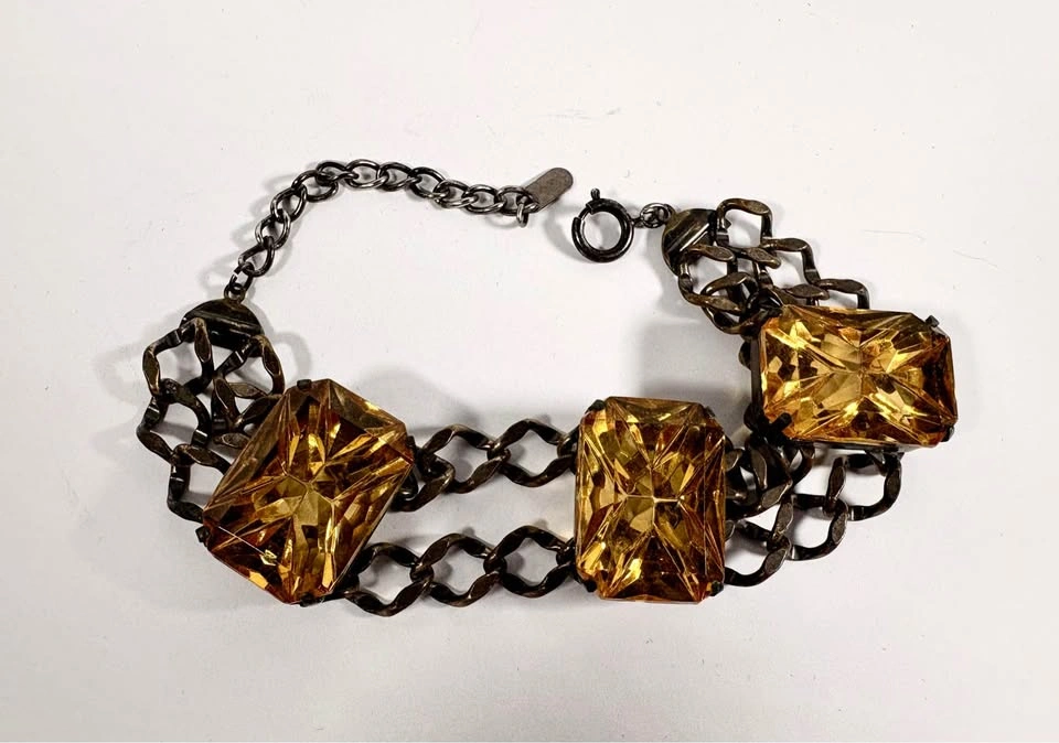 Vintage Amber Glass Triple Stone Double Chain Bracelet - photo 5