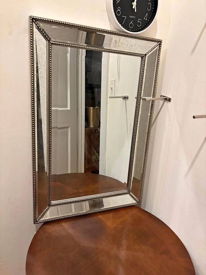 Antiqued Mirrored Wall Mirror with Beaded Border