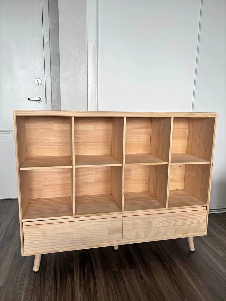Wood 8 Cube Bookcase Featuring Stowable Drawers