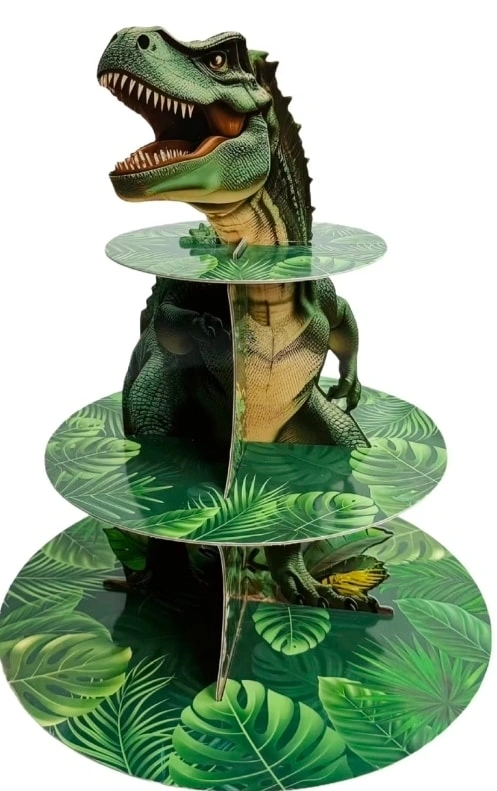 Dinosaur jungle leaf 3 tier cupcake stand party dessert display - photo 3