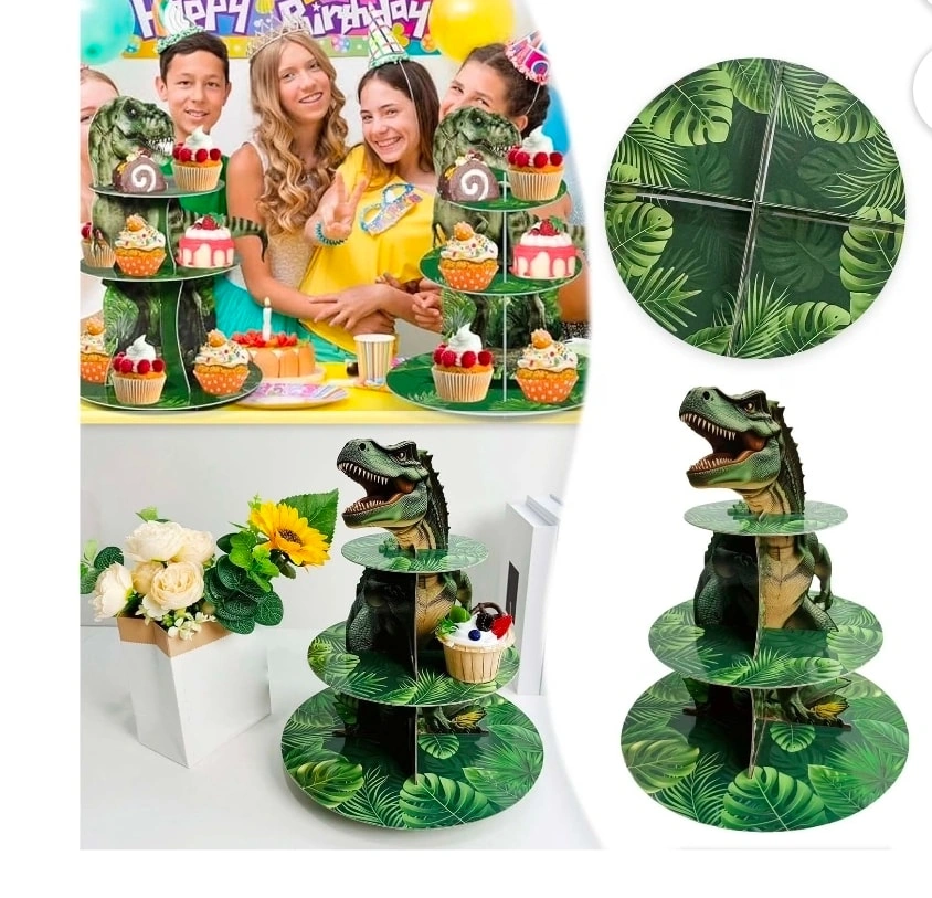 Dinosaur jungle leaf 3 tier cupcake stand party dessert display - photo 4