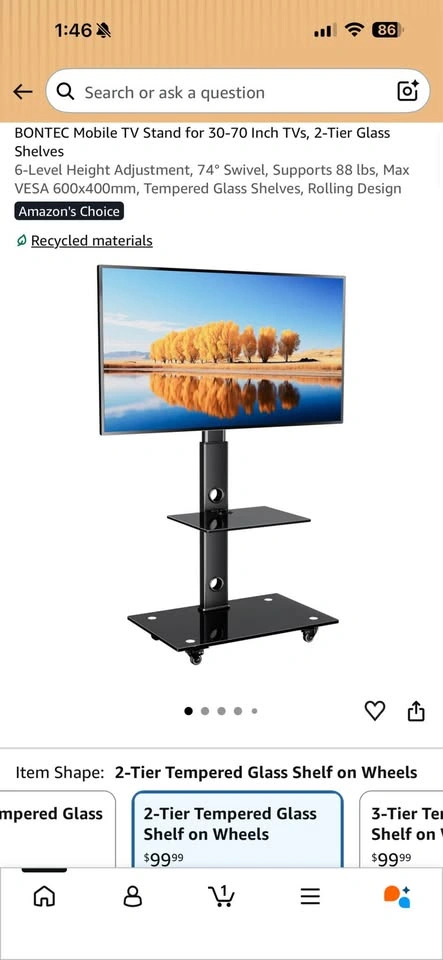 TV Stand for 30-70 Inch TVs, 2-Tier Glass Shelves - photo 2