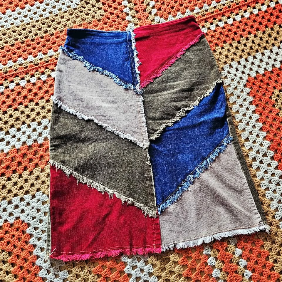 Y2K Patchwork Corduroy Denim Skirt Red Blue Olive Frayed