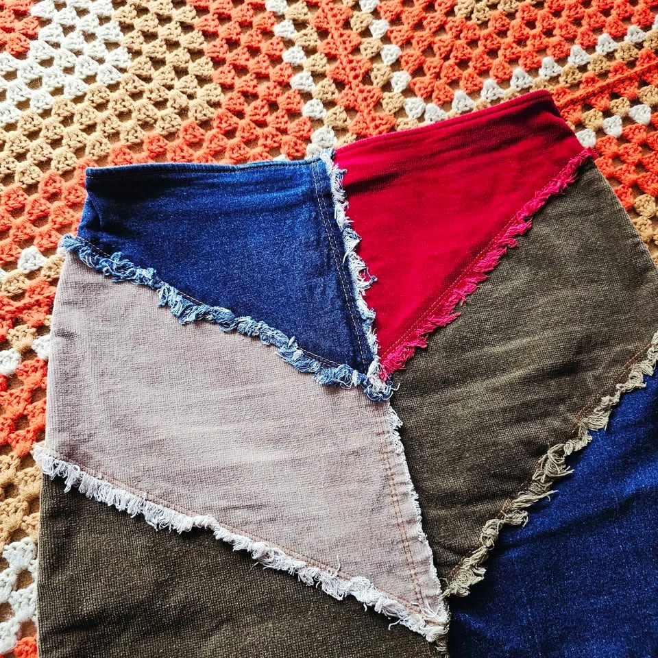 Y2K Patchwork Corduroy Denim Skirt Red Blue Olive Frayed - photo 2