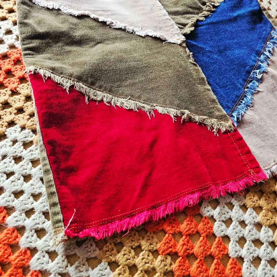 Y2K Patchwork Corduroy Denim Skirt Red Blue Olive Frayed - photo 3