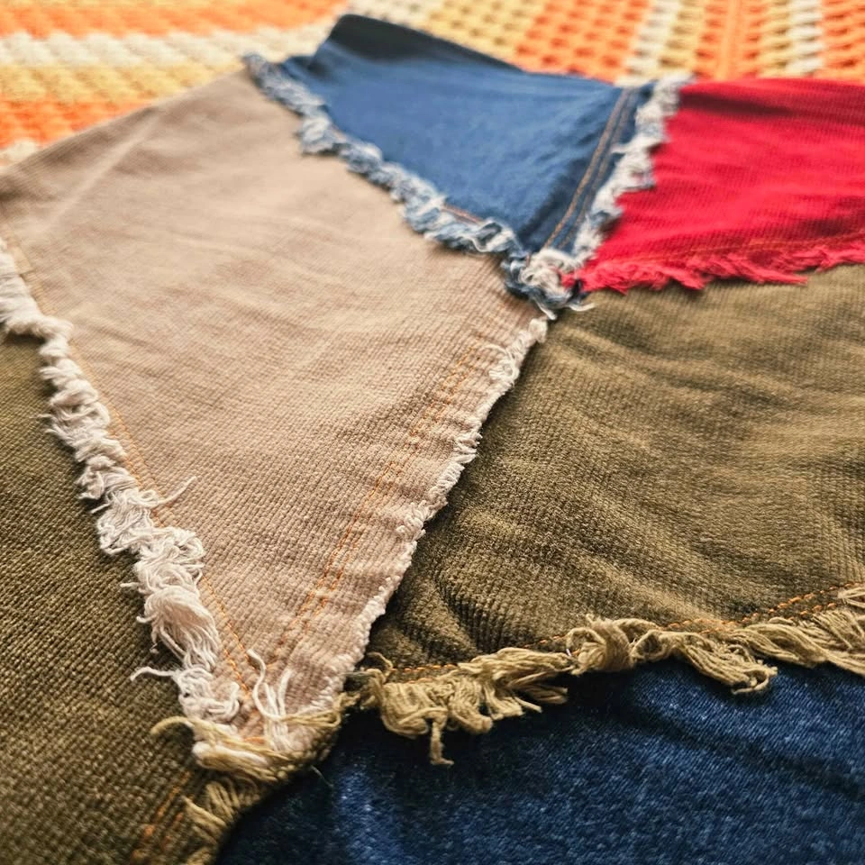 Y2K Patchwork Corduroy Denim Skirt Red Blue Olive Frayed - photo 5
