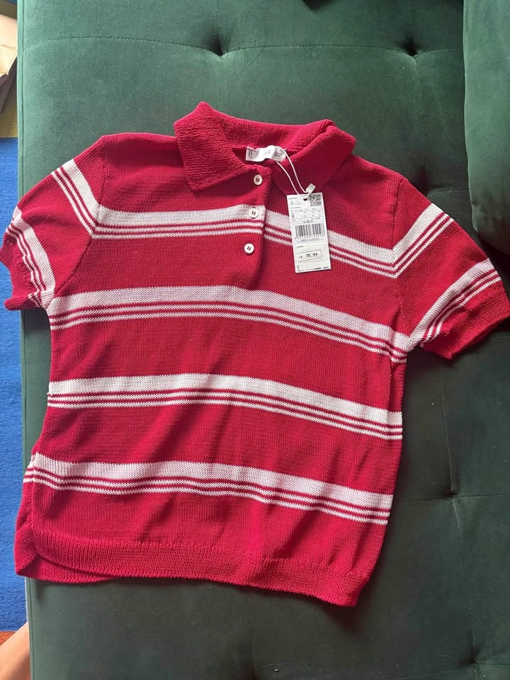 Mango MNG Striped Knit Polo Shirt Size Medium