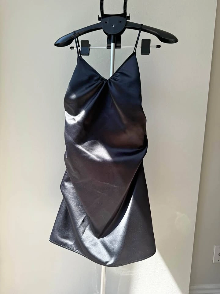WE11DONE Black Wavy Satin Slip Dress S