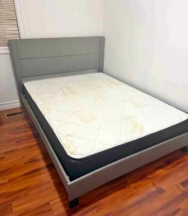 Grey Upholstered Bed Frame and Mattress