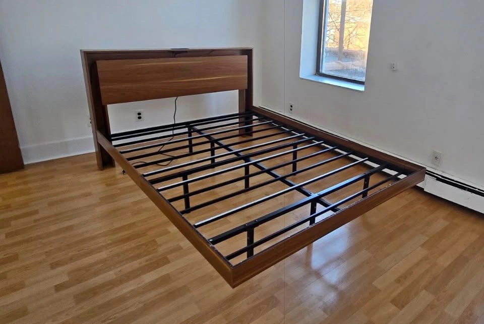 Queen Size LED Platform Bed with Charging Station, Walnut