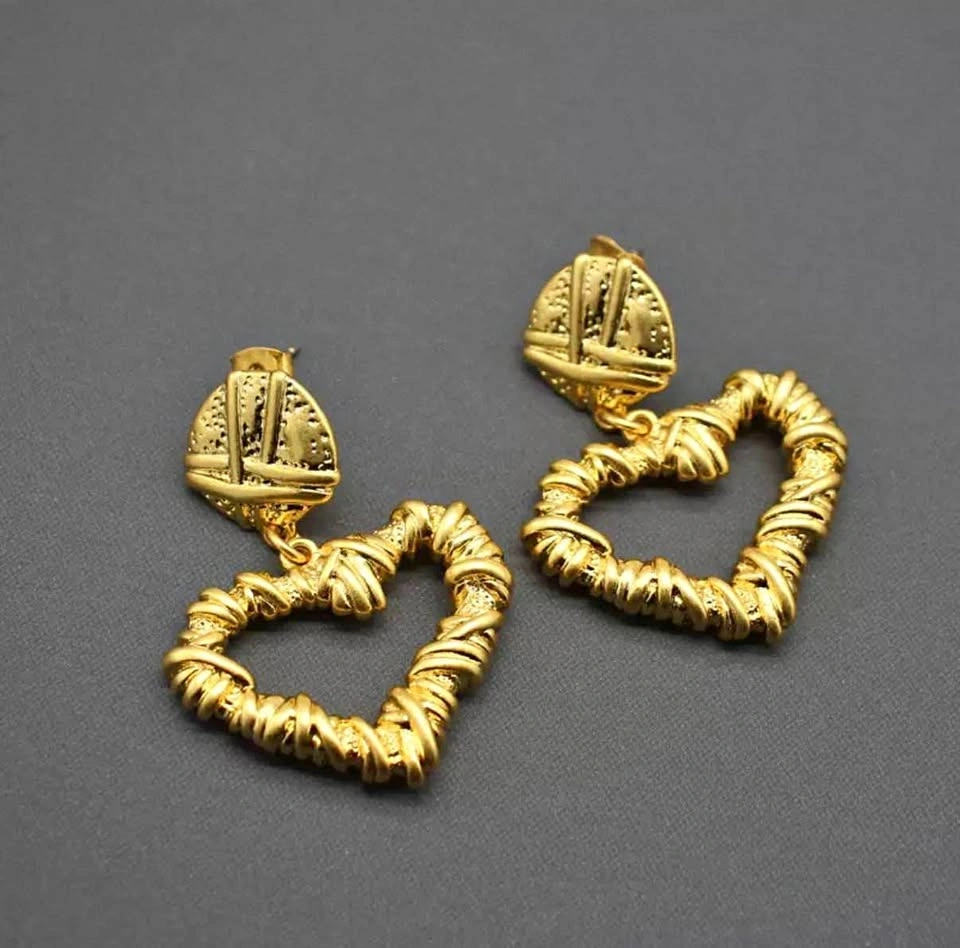 Gold-Tone Heart Drop Earrings – Statement Dangle Earrings