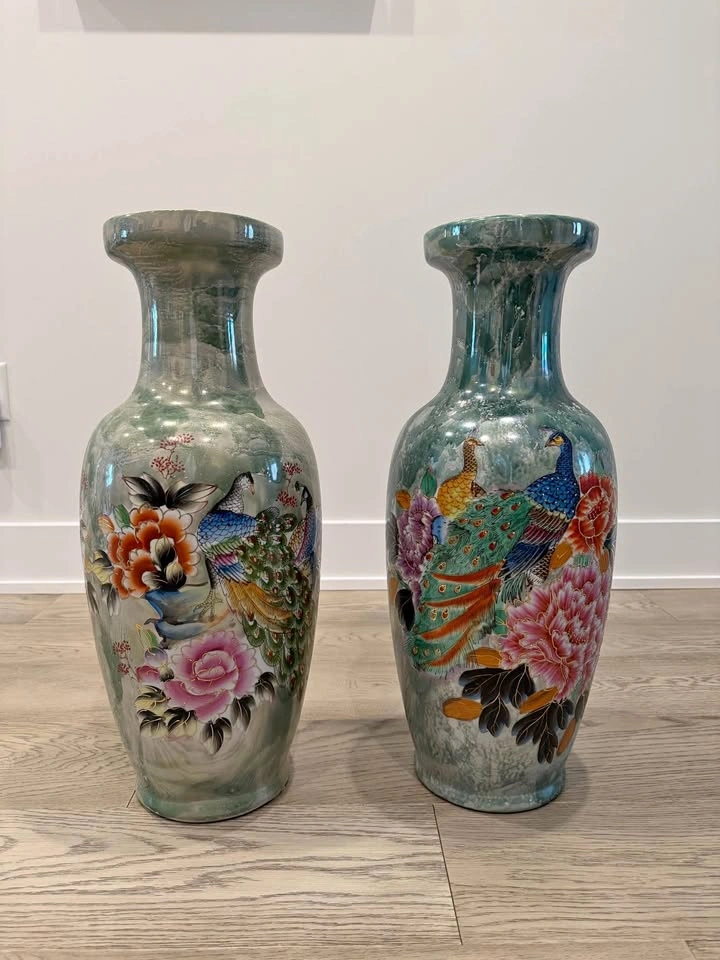 Large 61cm Hand-Painted Peacock Porcelain Vase Pair