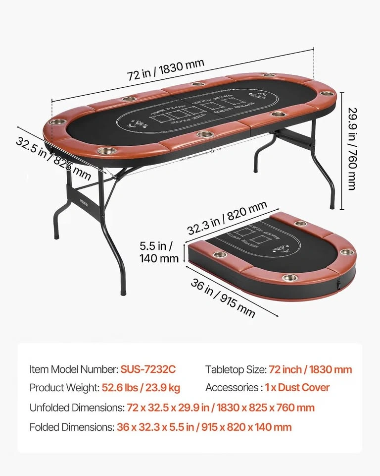 VEVOR 72" Foldable 8-Player Poker Table with Cup Holders - photo 4