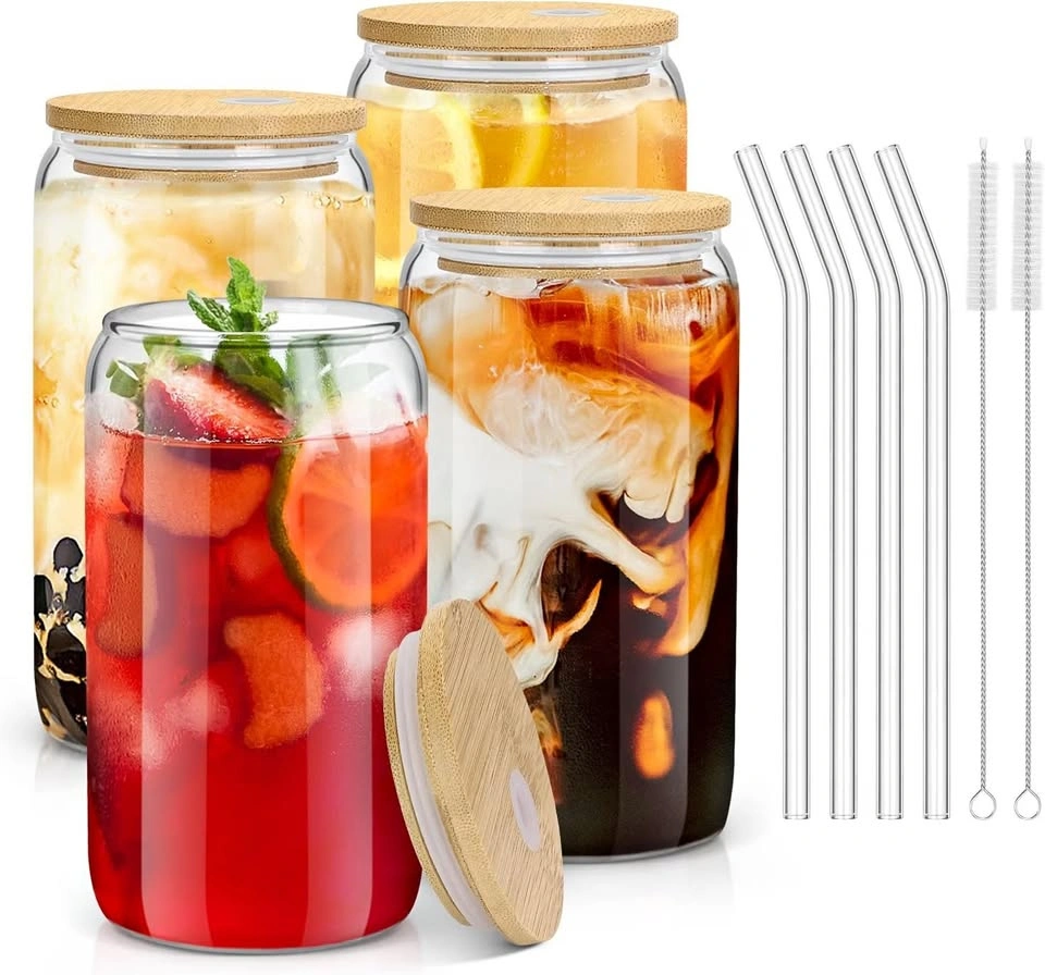 16oz Can Shaped Glass Cups Set of 4 with Bamboo Lids & Straws
