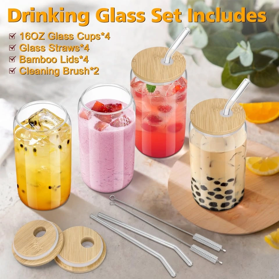 16oz Can Shaped Glass Cups Set of 4 with Bamboo Lids & Straws - photo 2