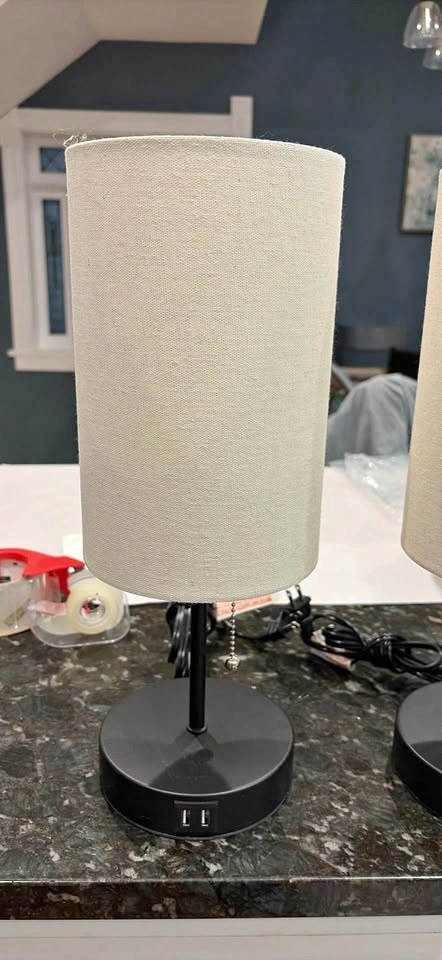 2 side table lamps cream colored fabric shades with 2 USB inputs