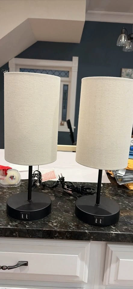2 side table lamps cream colored fabric shades with 2 USB inputs - photo 2