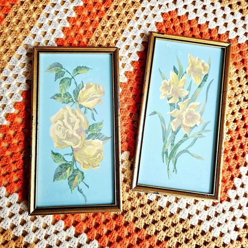 Vintage 1970s Framed Floral Yellow Roses Daffodils Paintings
