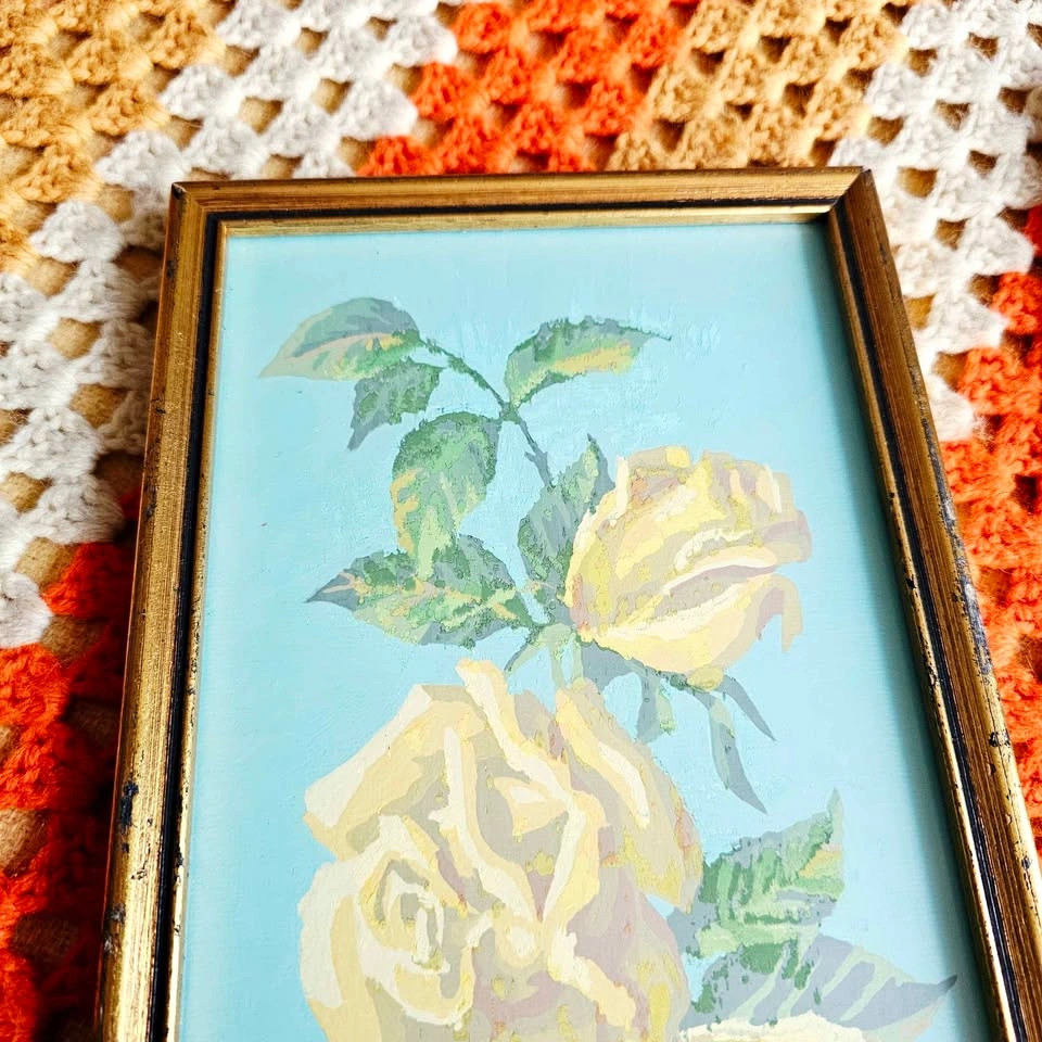 Vintage 1970s Framed Floral Yellow Roses Daffodils Paintings - photo 2