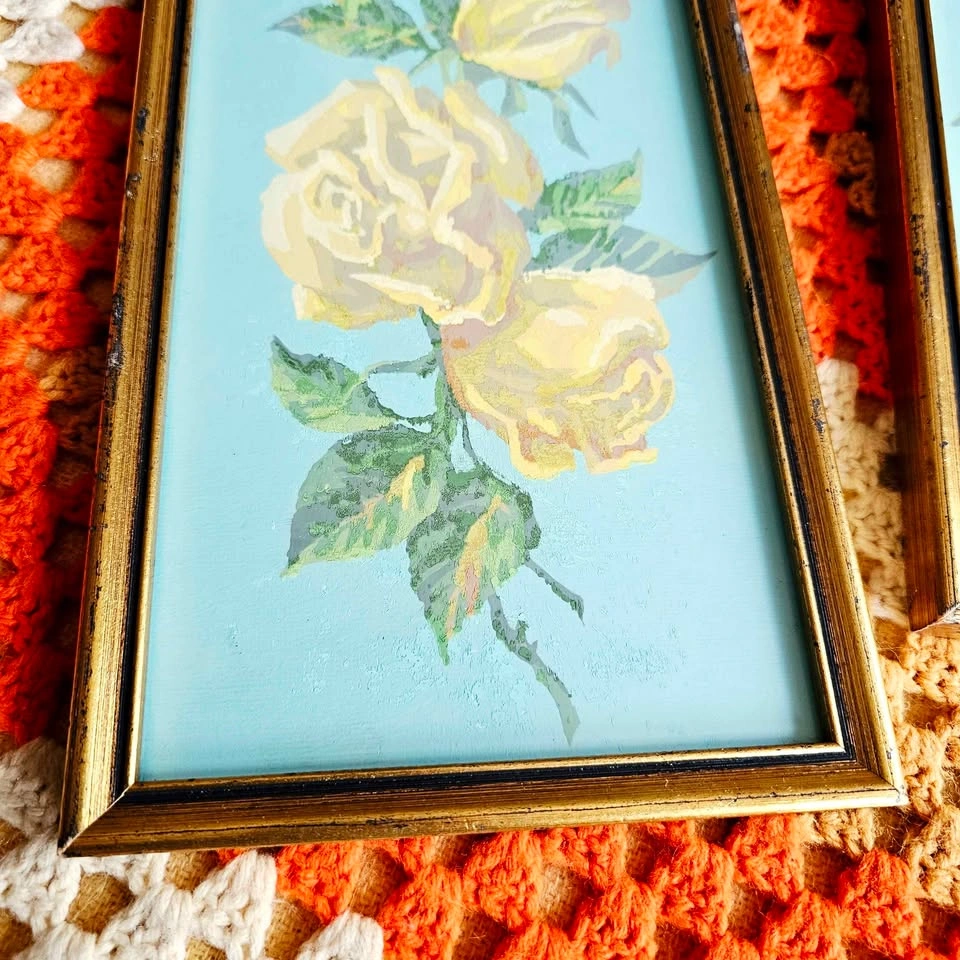 Vintage 1970s Framed Floral Yellow Roses Daffodils Paintings - photo 3