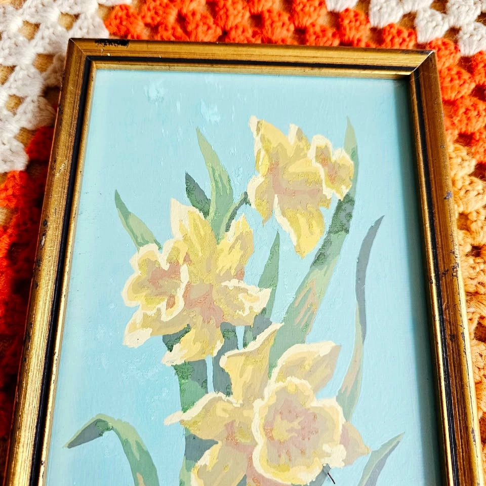 Vintage 1970s Framed Floral Yellow Roses Daffodils Paintings - photo 4