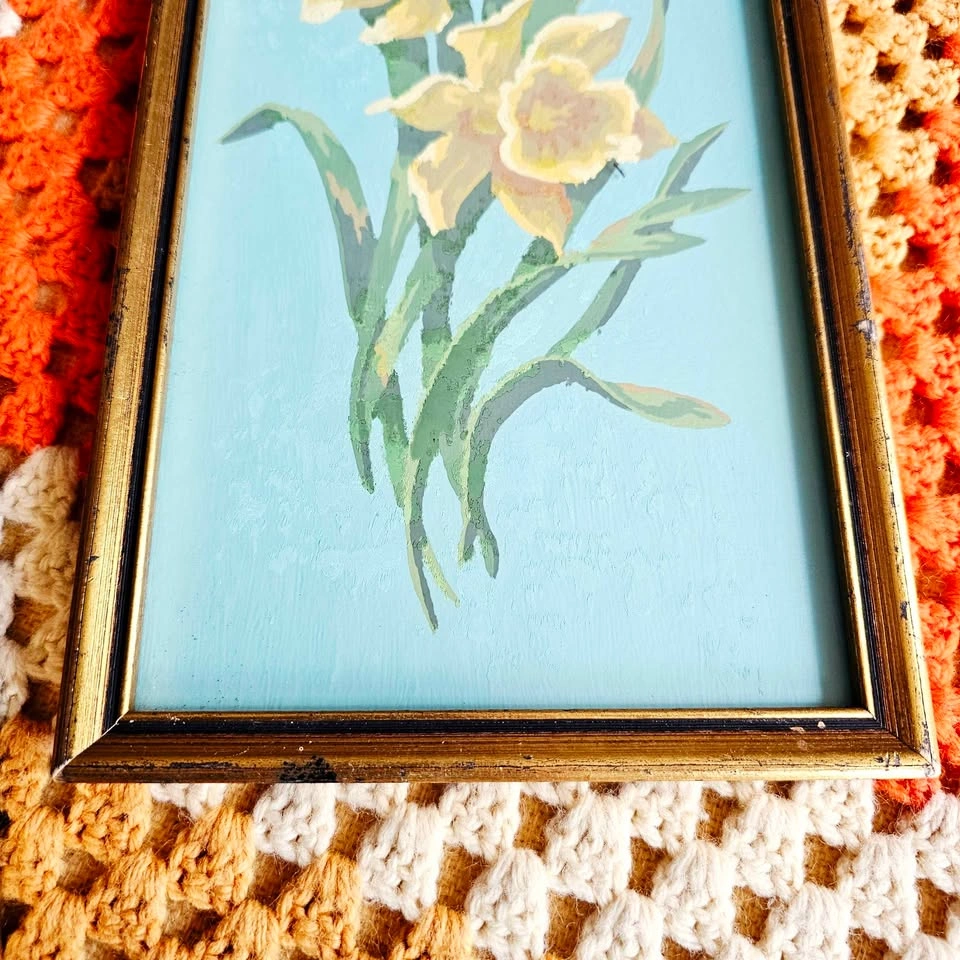 Vintage 1970s Framed Floral Yellow Roses Daffodils Paintings - photo 5