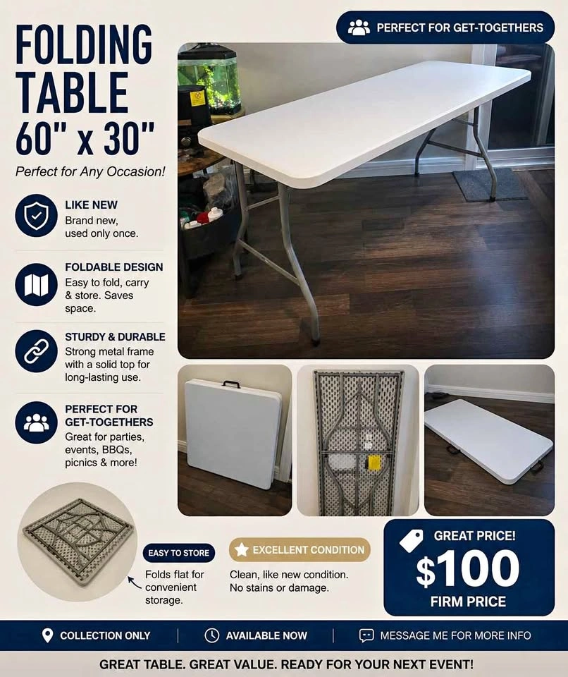 Folding Table 60” x 30” – Like New