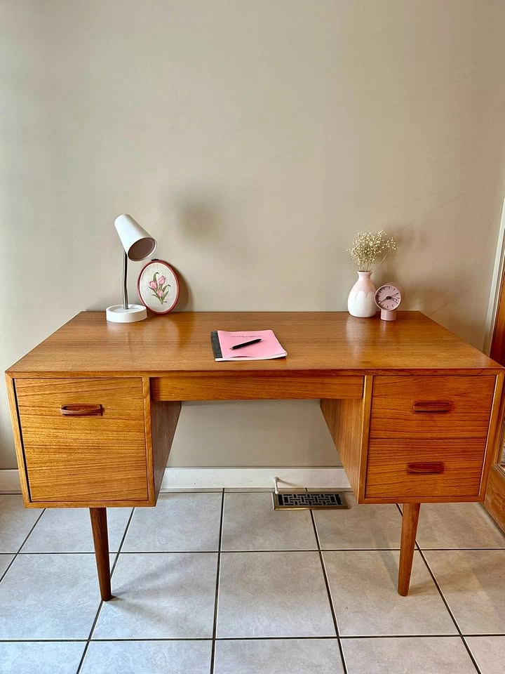 Teak Mid Century Modern Desk Made in Canada Finished Back