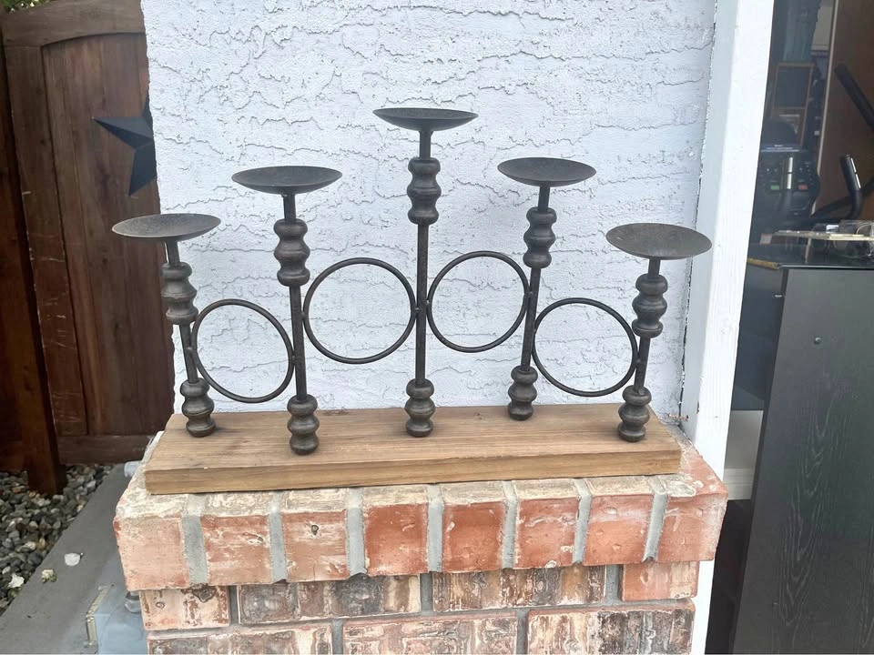 Rustic Metal 5-Candle Holder with Wood Base