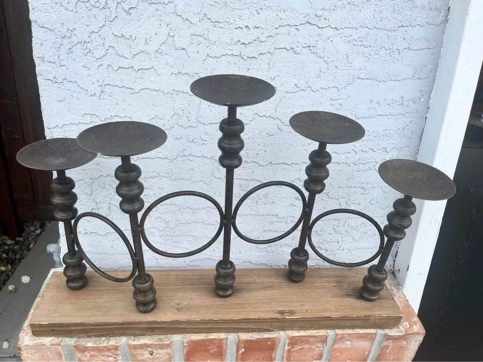 Rustic Metal 5-Candle Holder with Wood Base - photo 2