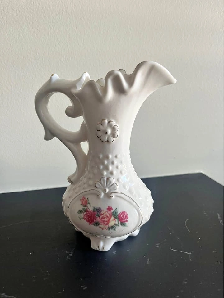 Vintage Milk Glass Hobnail Pitcher with Floral Design