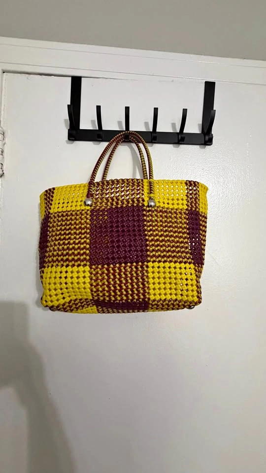 Handwoven Market Tote — Yellow & Maroon Plaid