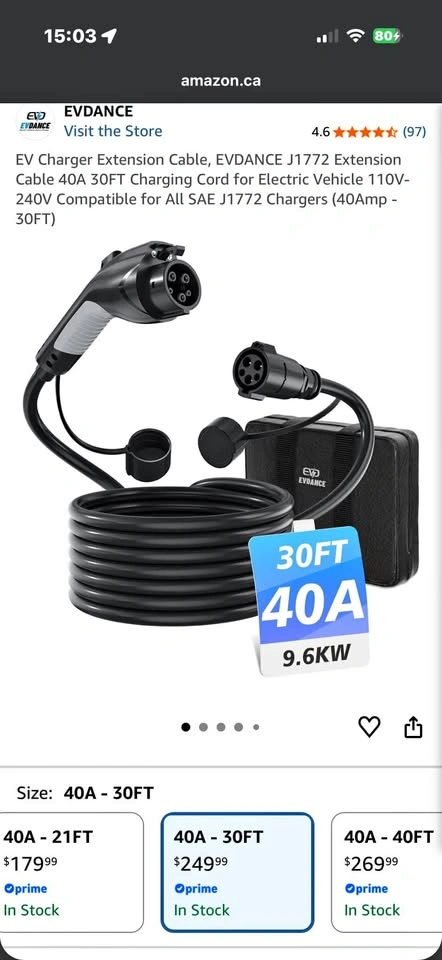 EVDANCE J1772 EV Charger Extension Cable 40A 30FT