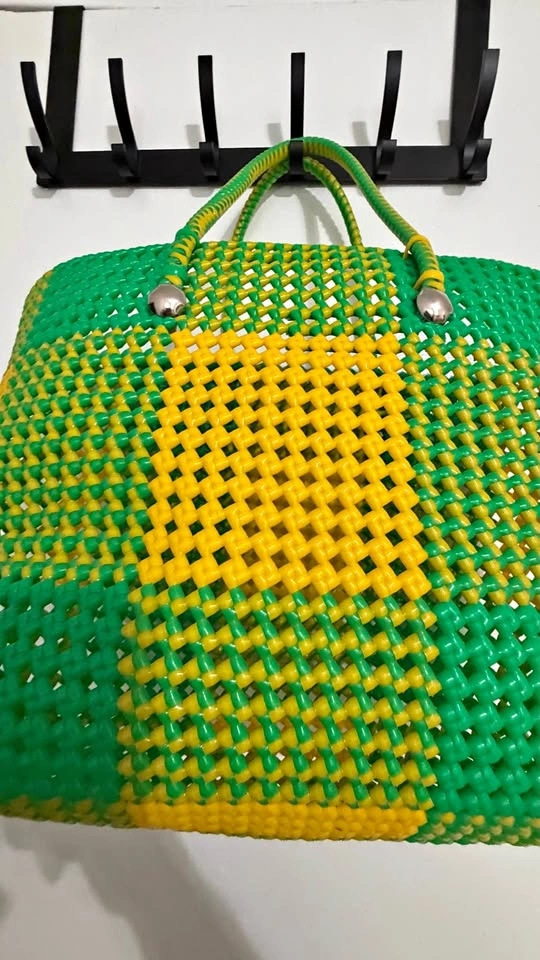 Green & yellow handwoven checkered tote bag - $60