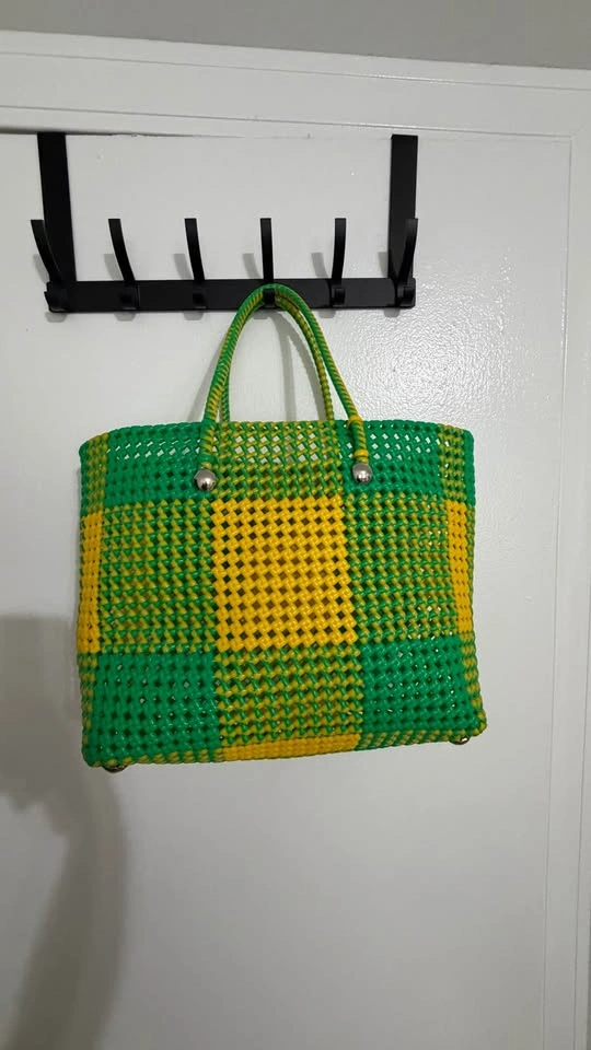 Green & yellow handwoven checkered tote bag - $60 - photo 2
