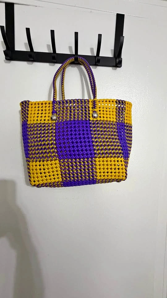 Handwoven Market Tote — Purple & Yellow Plaid