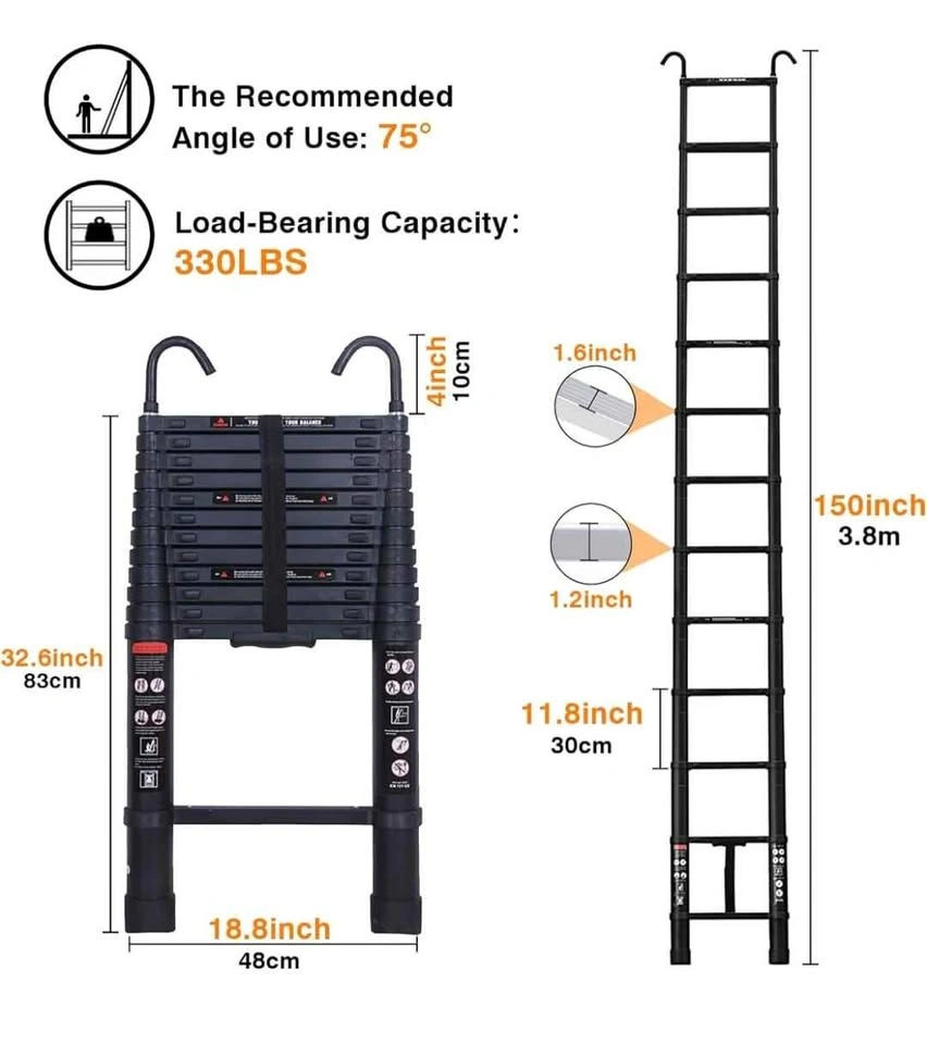 3.8M/12.5FT Aluminum Telescopic Ladder with 2 Hooks - photo 2