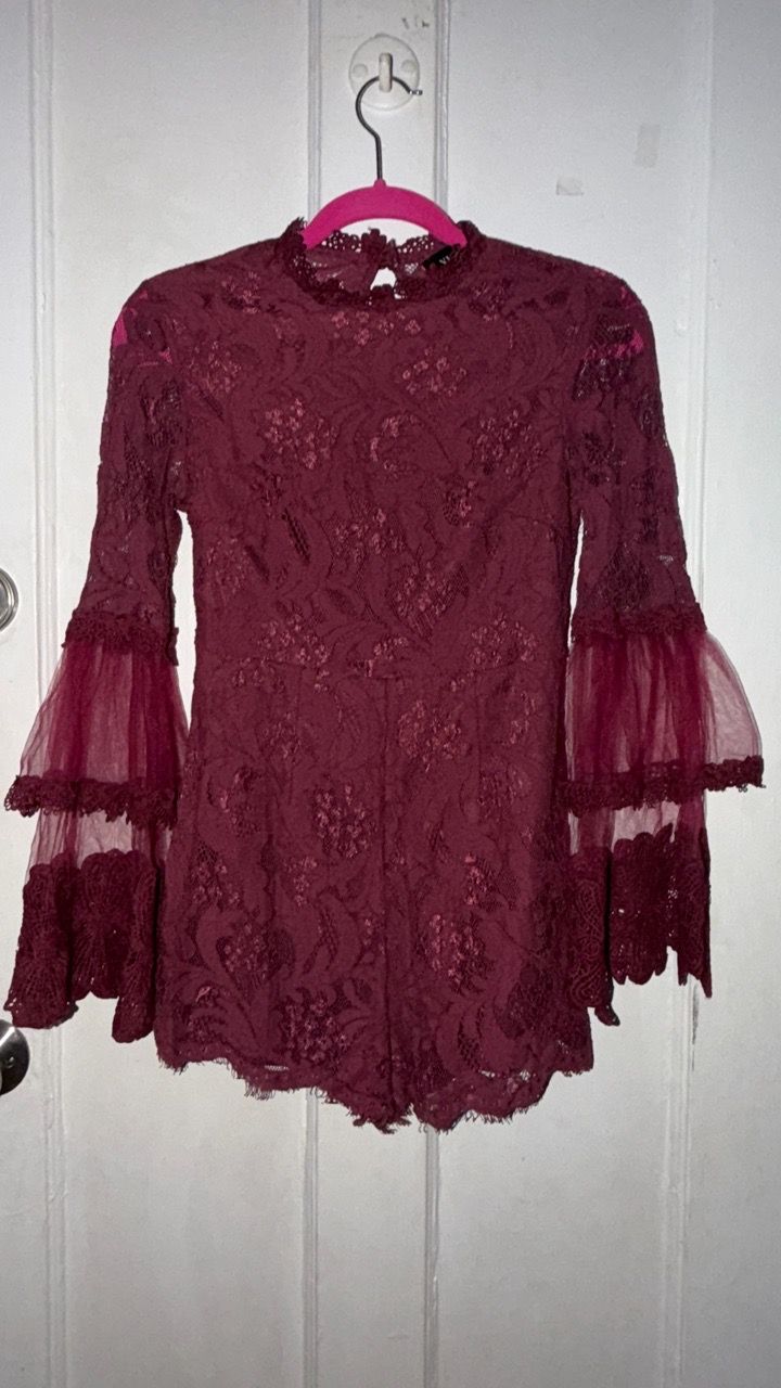 Burgundy Lace Bell Sleeve Romper (size S)
