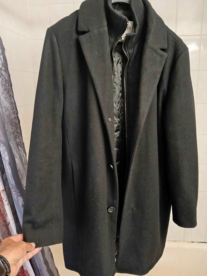 Men's Black Guess wool blend peacoat XL