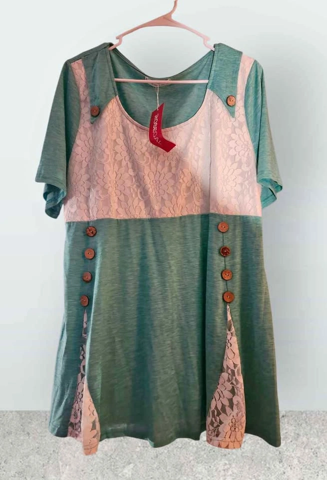 Rosegal 3X Teal Lace Button Detail Tunic Top