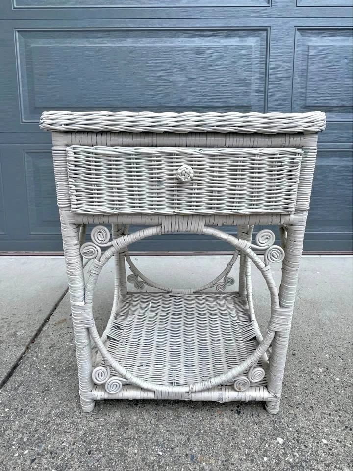 Vintage White Rattan night/side table with drawer