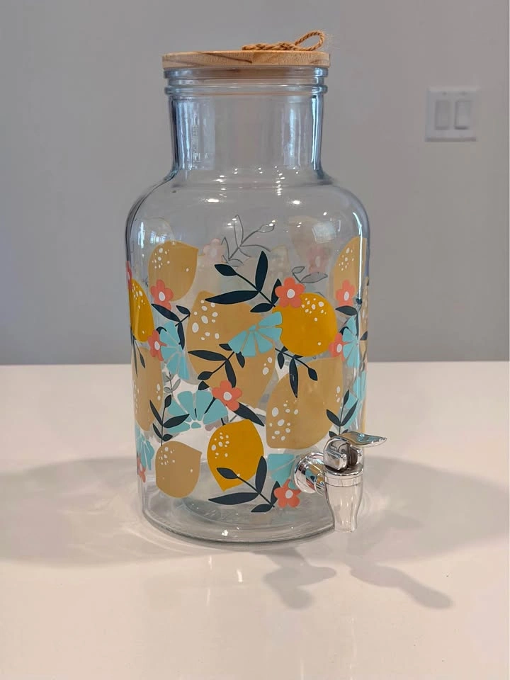Glass Lemon Print Beverage Dispenser with Wood Lid