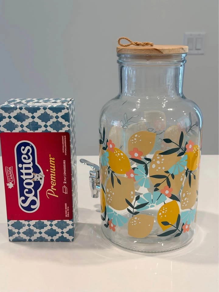 Glass Lemon Print Beverage Dispenser with Wood Lid - photo 2